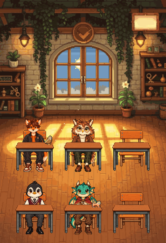 The Imates study hall at 9am: sunlight through the arched window, four characters at their desks