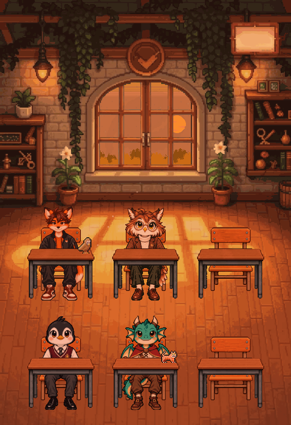 The hall at dusk, four of its six desks taken