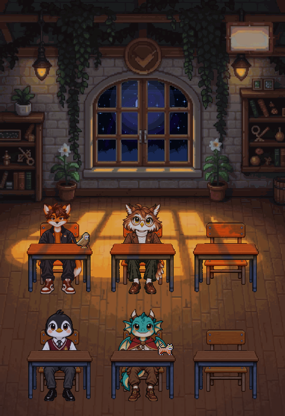 The same hall at 11pm: the lamps lit, the window dark blue, the same four characters at their desks