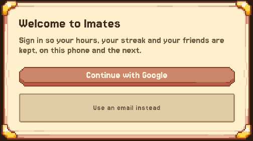 The Imates sign-in screen: Continue with Google, or use an email instead