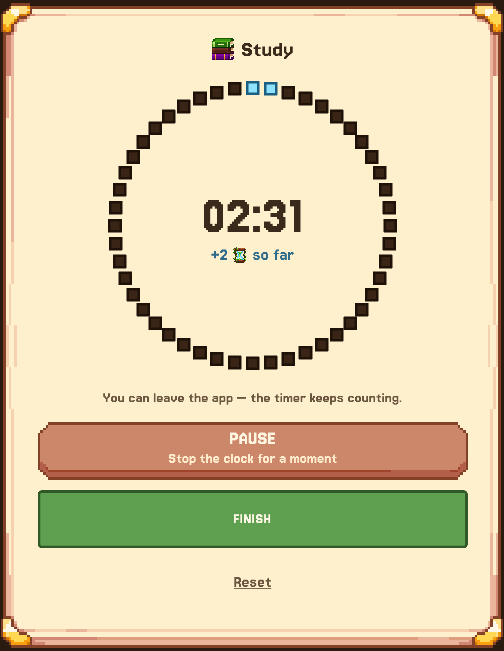 A count-up session running in Imates, with pause and finish